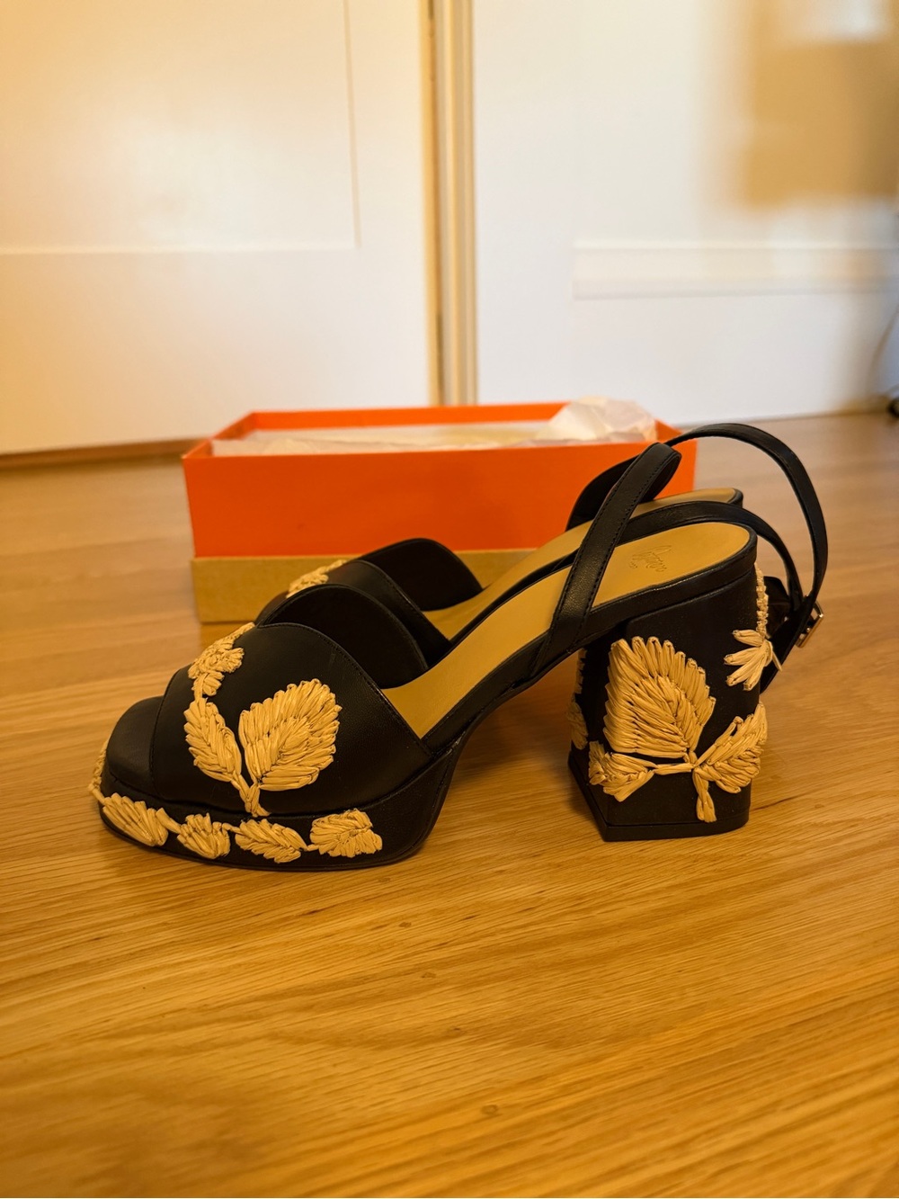 Castaner Black Ankle Strap Platform Sandals with Straw Embroidered Leaf Detail